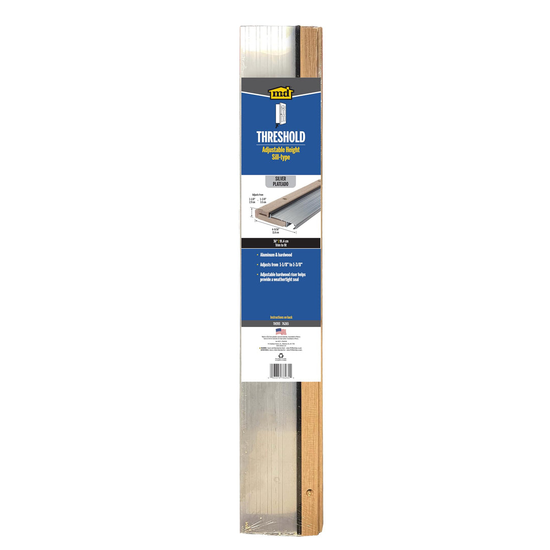 M-D Building Products 78600 5-5/8 in. x 1-1/8 in. x 36 in. Silver Adjustable Aluminum & Hardwood Threshold Kit - Versatile Solution for French and Exterior Doors