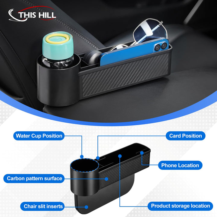 This Hill Car Seat Gap Cup Holder, 2 in 1 Car Gap Filler with Cup Holder, Removable Seat Filler Cup Holder with 2 Hook Black for Auto Accessories, Cellphones, Wallet, Drink Cups, Cards