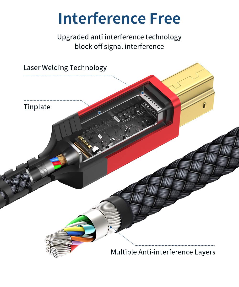 JSAUX USB 3.0 Printer Cable, Type A Male to B 3.0 Male (10ft/3M) USB 3.0 Type B Upstream Cord Nylon Braided Compatible with Docking Station, External Hard Drivers, Scanner, Printer and More(Black)
