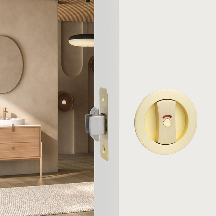 YZMLOL Brass Gold Pocket Door Lock,Brushed Gold Pocket Door Hardware,Round Pocket Door Lock with Color Coded Indicator,Privacy Flush Pocket Door Lock for Home, Bathroom and Bedroom.