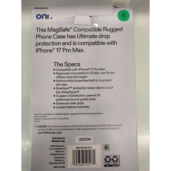 onn. iPhone 17 Pro Max Case - MagSafe Compatible, Rugged, 21ft Drop Protection Retail $15.00