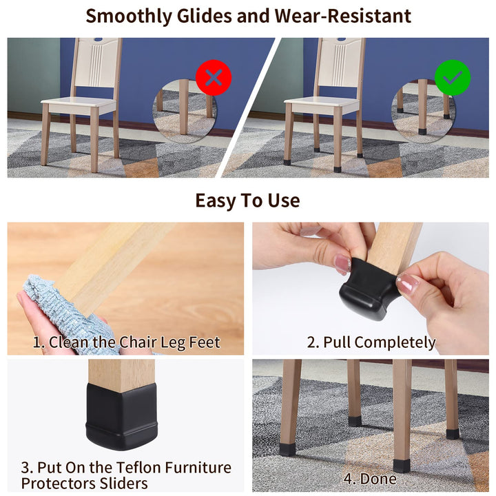 Ezprotekt 24 Pcs Chair Leg Sliders for Carpet, Square Black Chair Glides Teflon Furniture Pads, Bar Stool Leg Protectors Caps for Rug - for Dining Table, Couch, Patio Legs (M Fit: 0.75" - 1")