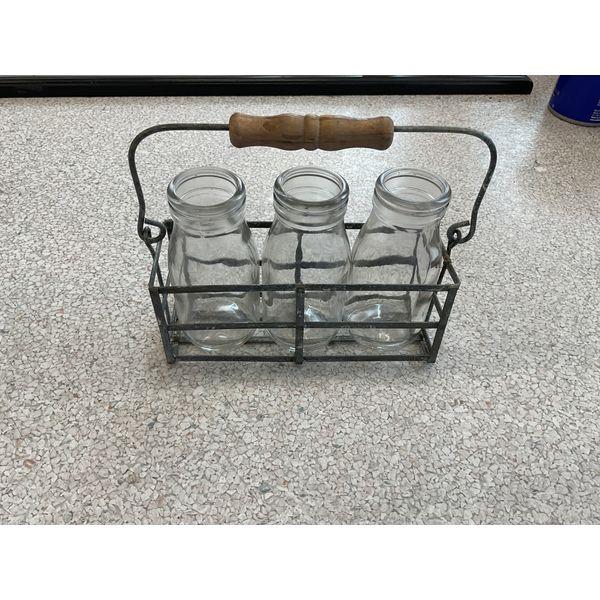 Rustic Wire Carrier with 3 Glass Milk Bottles - Decorative Display Retail $35.00