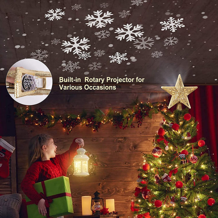 Christmas Star Tree Topper with Built-in Led Snowflake Projector Lights Hollowed Pentagram Tree Topper,Plug in Christmas Tree Ornament for Indoor Office Xmas New Year Holiday Tree Decoration