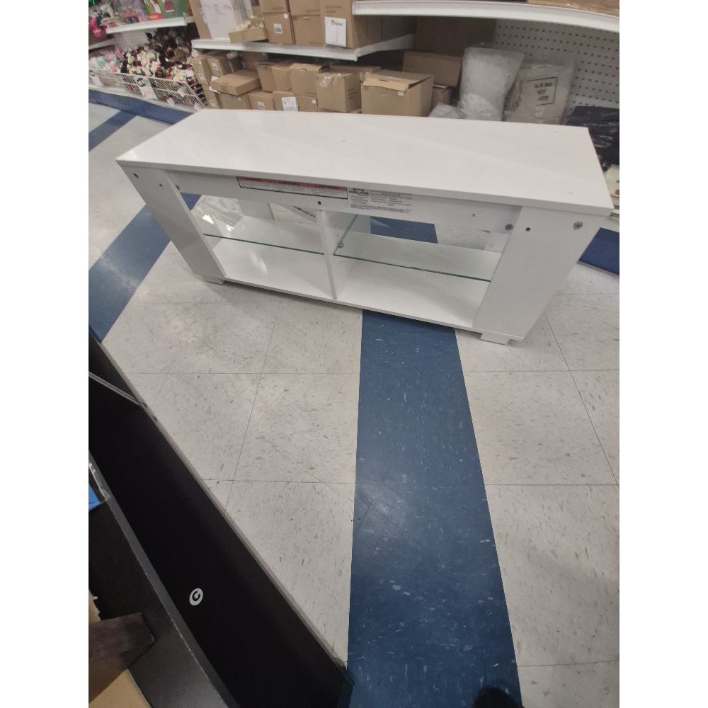 White TV Stand - Glass Shelves, Modern Design