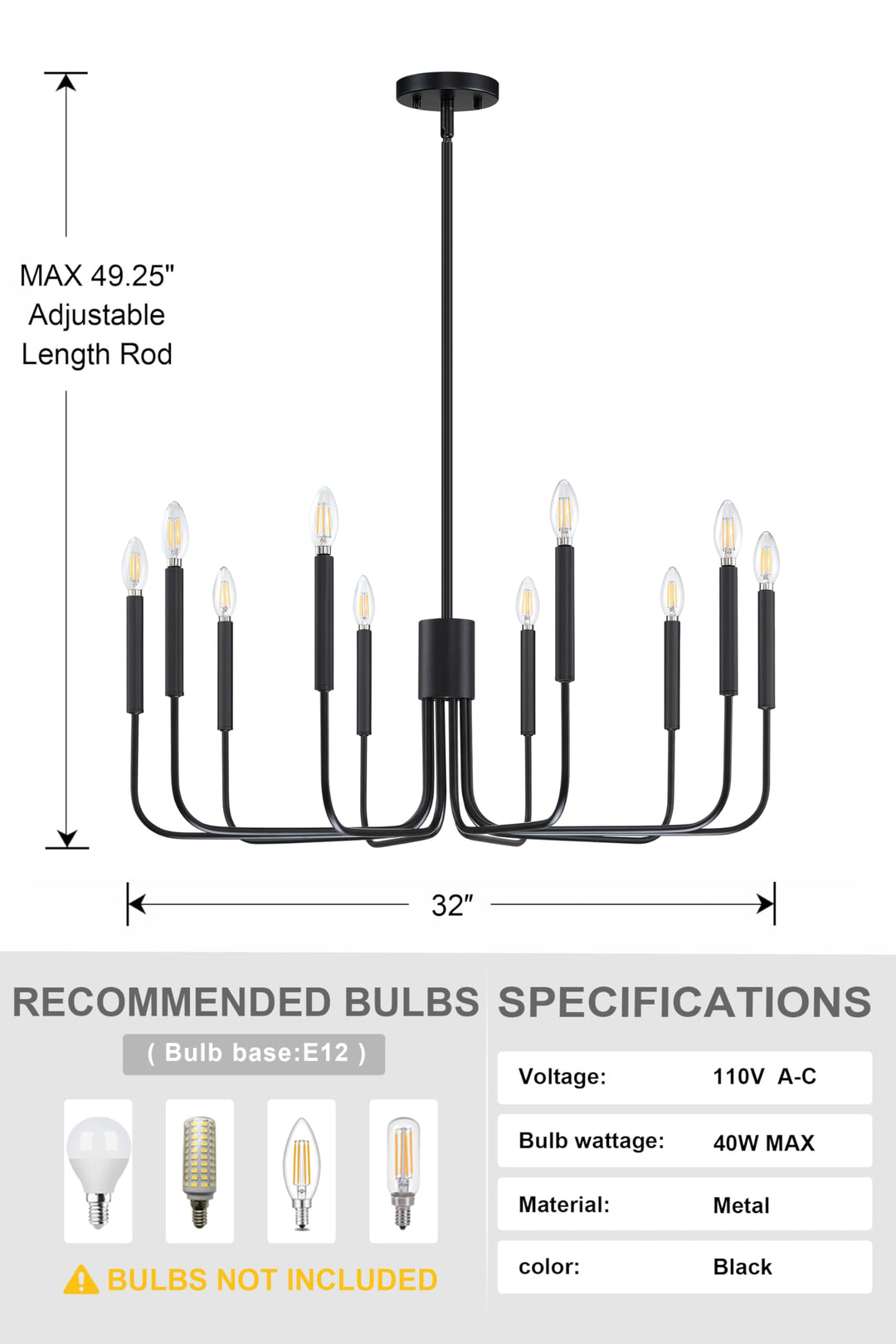 Dolaimi House 8 Light Fixture Rustic Adjustable Chain Oil Rubbed Bronze Finish for Dining Room Candle Ceiling Light Fixture for Living Room Bedroom Kitchen Island Foyer (Chandelier, Candle 10 Light)