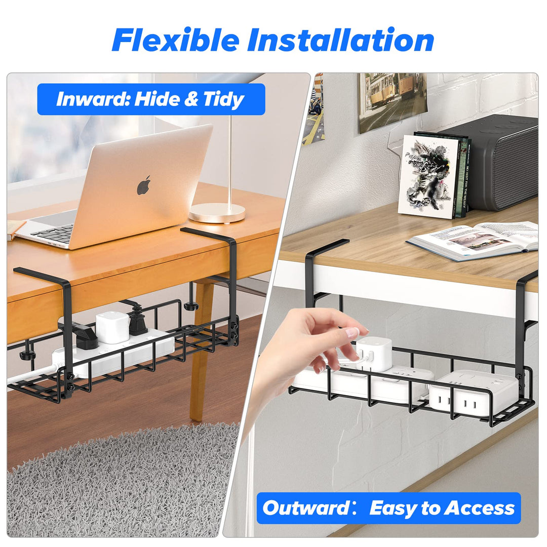 Under Desk Cable Management Tray -2 Pack, Upgraded Long Clamp, Inward Or Outward
