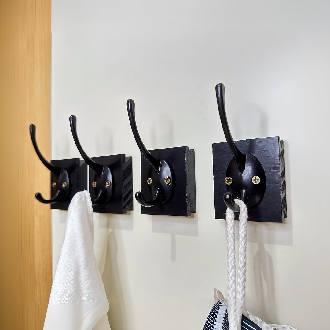 Popin Lover Towel Hooks Wall Mounted - Bathroom Coat Hooks Punching for Hanging Robes Clothes Black Solid Wood Beech Wall Hook 4 Packs