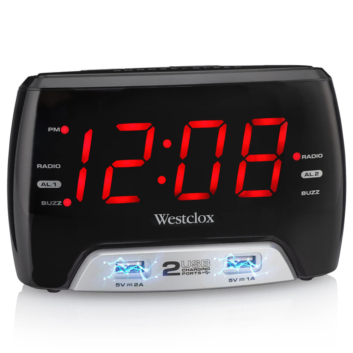Westclox Large 1.4â€ Red LED Digital FM Clock Radio with Dual USB A & C Charging Ports, Adjustable Brightness, Dual Alarms & Sleep Timer â€“ Modern Alarm Clock for Bedroom, Home, or Office (Black)