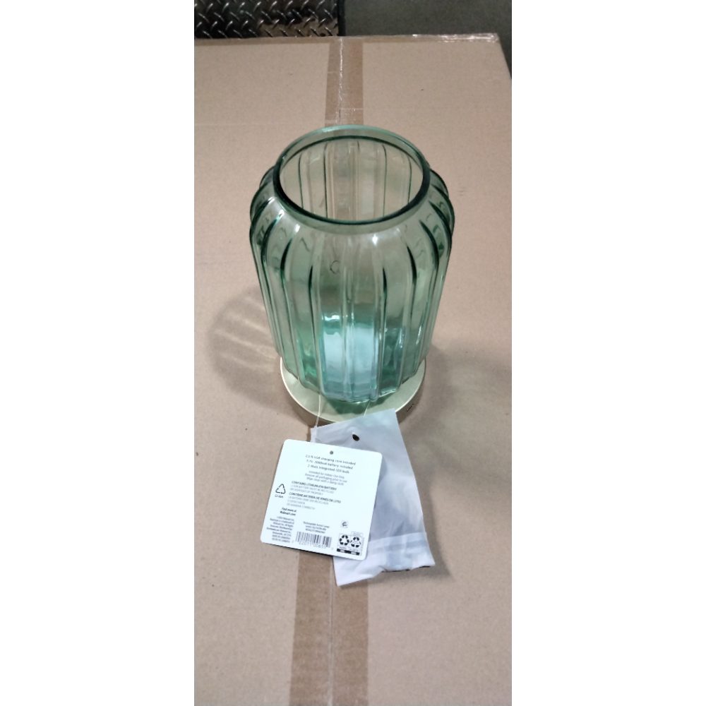 Mainstays by Becky G. & Alejandra 8.5  Rechargeable Green Lily Ribbed Glass Uplight  Gold Metal Base Retail $16.00