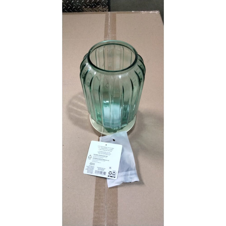Mainstays by Becky G. & Alejandra 8.5  Rechargeable Green Lily Ribbed Glass Uplight  Gold Metal Base Retail $16.00