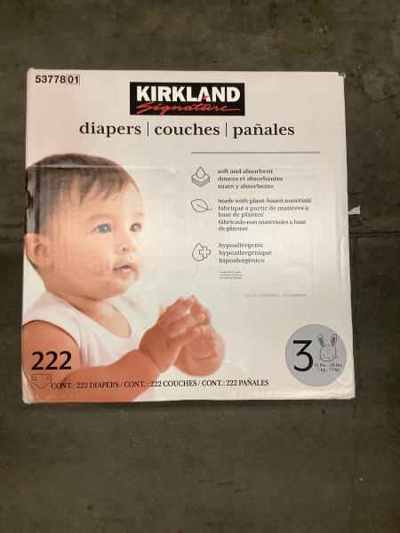 Kirkland Signature Diapers, Size 3 (16-28 Pounds), 222 Count Retail $69.99