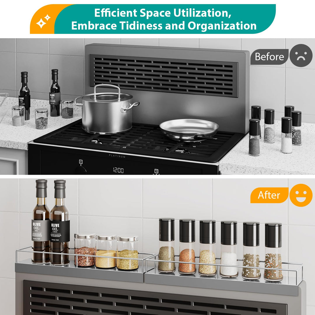 SYDWORKSHOP 30" Magnetic Shelf for Stove tops, 2 Pack 15'' Stove Spice Racks Organizer with Strong Magnets and Adhesive Pads for Small Kitchens (Silvery)