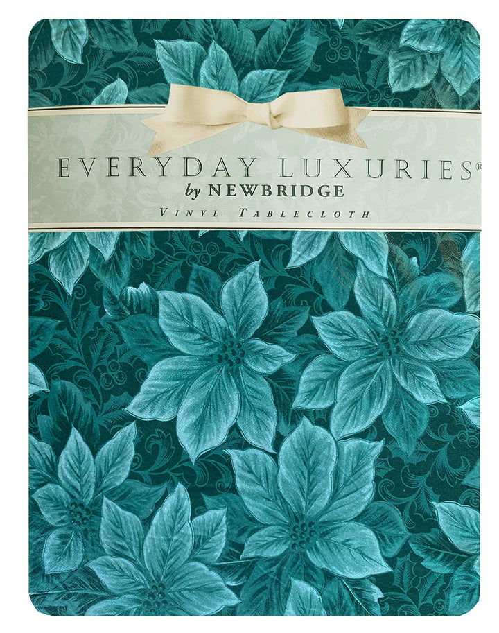 Newbridge Hunter Green Poinsettia Scroll Vinyl Christmas Tablecloth with Flannel Backing, Poinsettia and Holly Damask Look Vinyl Flannel Back Tablecloth, 60â€ x 84â€ Oval