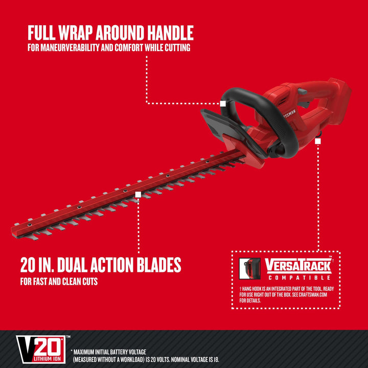 CRAFTSMAN V20 Cordless Hedge Trimmer, 20 inch, Battery and Charger Included (CMCHT810C1)