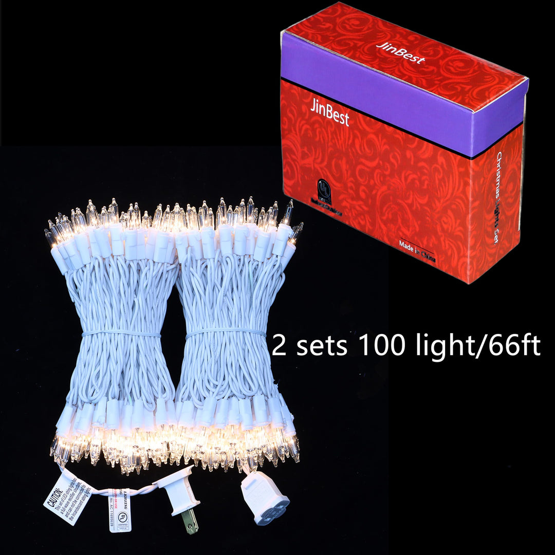 JinBest 200 Clear Bulbs White Wire Christmas Lights, Commercial Grade Decorative Lighting String Pack of 2 Sets 100 Light, for Indoor Outdoor Party, Garden, Patio.