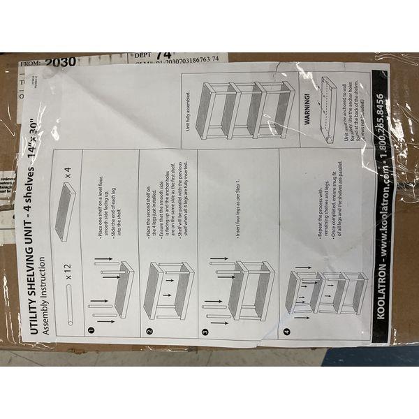 Koolatron Utility Shelving Unit - 4 Shelves, 14"x30" Retail $69.36