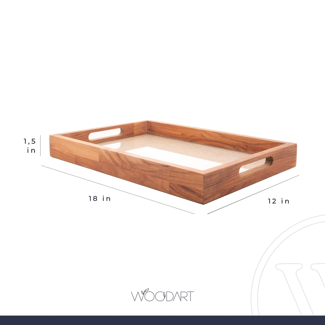 WOODART - Wood and Sisal Rope Decorative Tray - Hosting Adornment, Decorative Dish - Decoration Accessory, Rectangle Brown Wooden Ottoman Tray - Serving Platter, Candle Display - Teak 18x12Ã¢â‚¬Â
