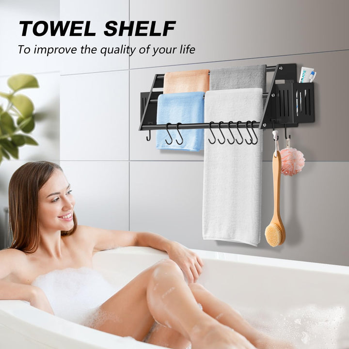 Towel Bars Freely Retractable 17-30 Inches Bathroom Towel Rack with Hooks and Storage Box,Matte Black 3-Tiers Ladder Towel Rails Free Hole Wall Mounted Adjustable,Multiple Towel Rack