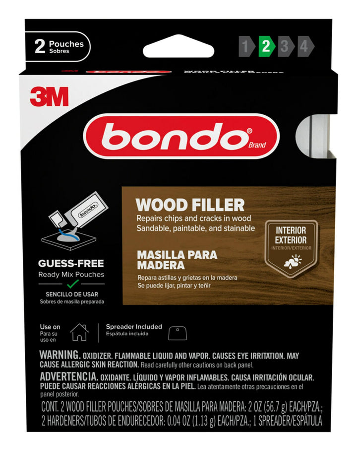 bondo Wood Filler Ready Mix Pouches, Contains 2 Wood Filler Pouches 2 oz with 2 Hardners and 1 Spreader, Repairs Chips and Cracks in Wood, Sandable, Paintable, and Stainable (WF-2PK-ES)