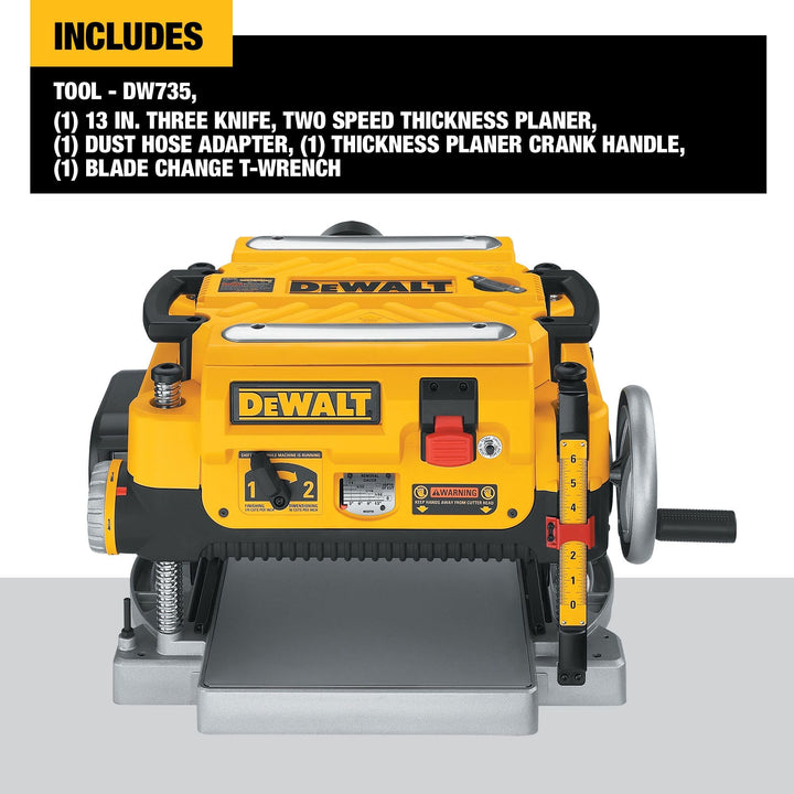 DEWALT Planer, Thickness Planer, 13-Inch, 3 Knife for Larger Cuts, Two Speed 20,000 RPM Motor, Corded (DW735)