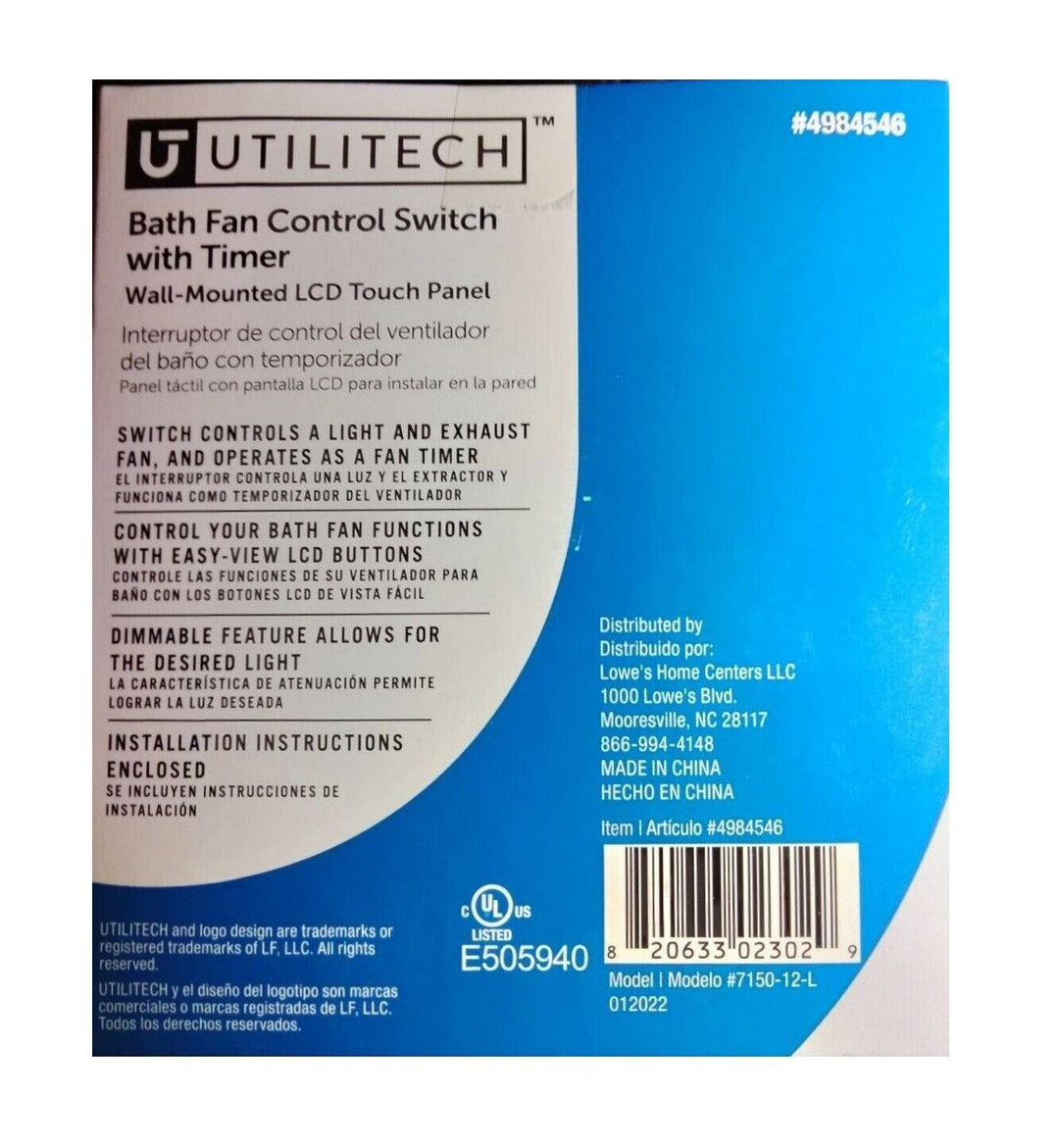 Utilitech Bath Fan Control Switch with Timer Wall Mounted LCD Touch Panel #3029