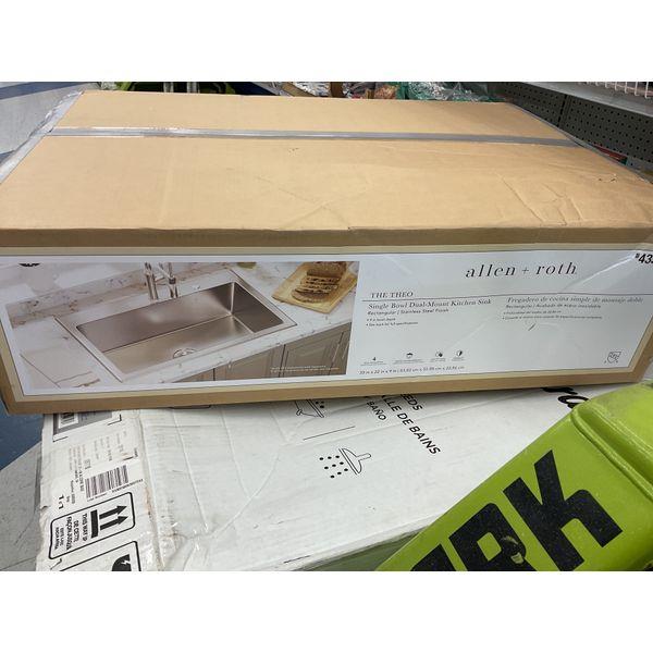 allen + roth THE THEO, Single Bowl Dual-Mount Kitchen Sink, Stainless Steel Retail $433.00
