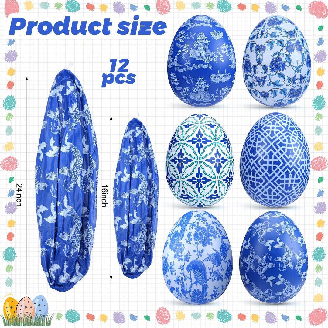 Lunmon 12 Pcs 16'' 24'' Inflatable Easter Eggs Decorations Chinoiserie Easter Inflatables Outdoor Decor Large PVC Blue White Inflatables Easter Eggs Hanging Ornaments for Yard, Lawn, Garden(16", 24")
