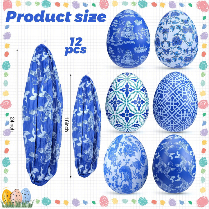 Lunmon 12 Pcs 16'' 24'' Inflatable Easter Eggs Decorations Chinoiserie Easter Inflatables Outdoor Decor Large PVC Blue White Inflatables Easter Eggs Hanging Ornaments for Yard, Lawn, Garden(16", 24")