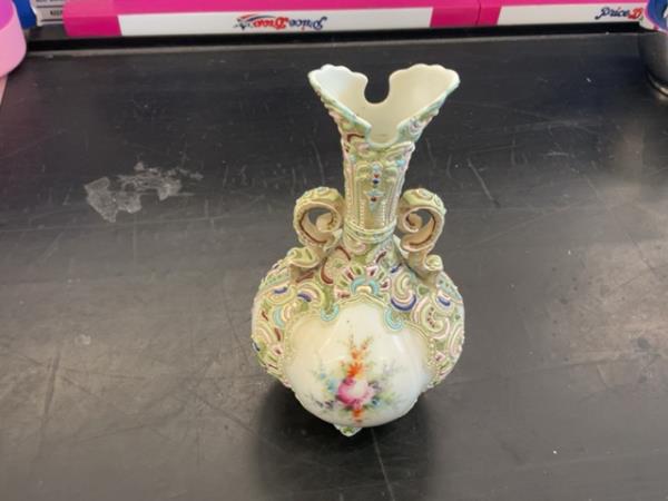 Ornate Porcelain Vase with Floral Motif and Scroll Handles Retail $75.00