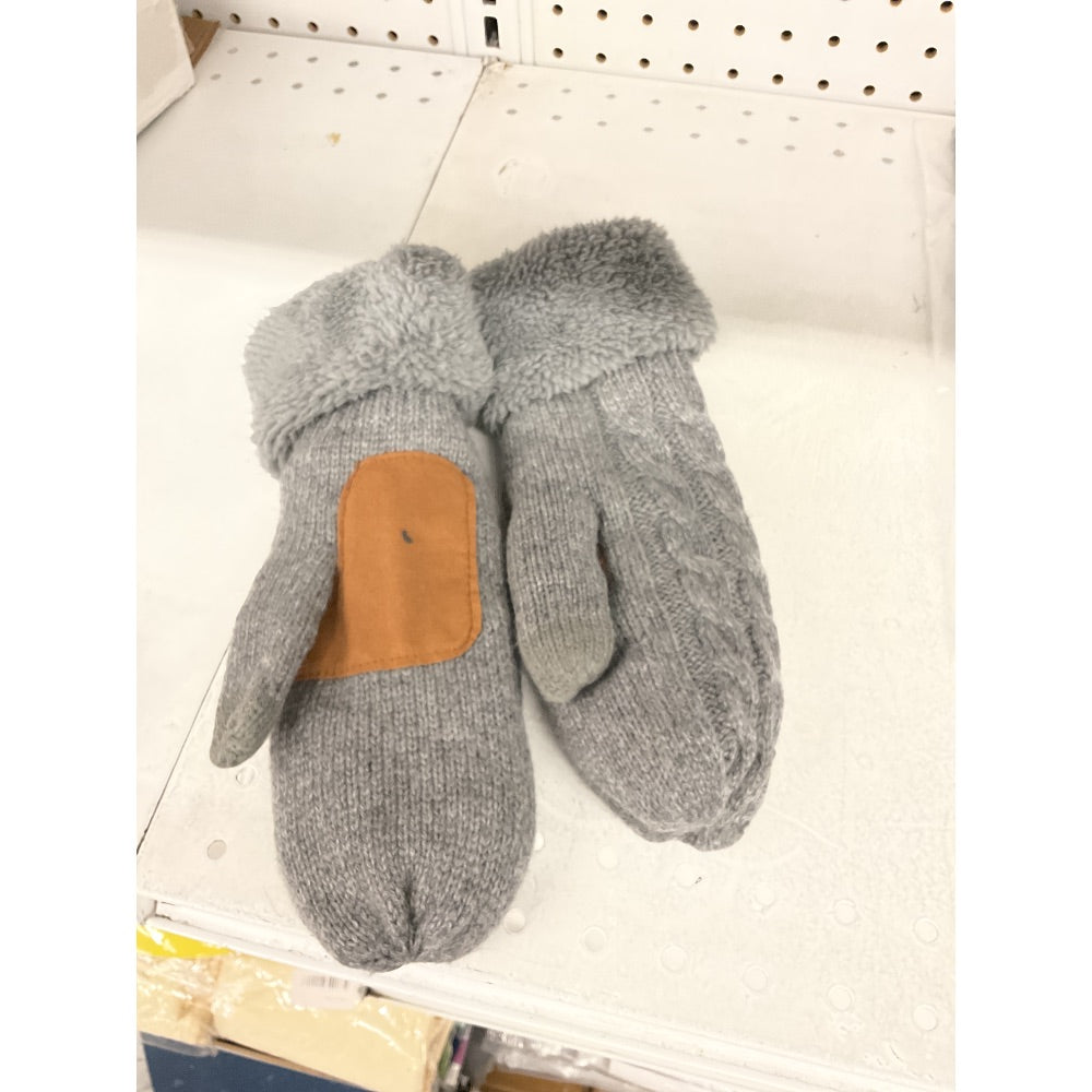 Fleece Lined Mittens, Leather Patch, Gray