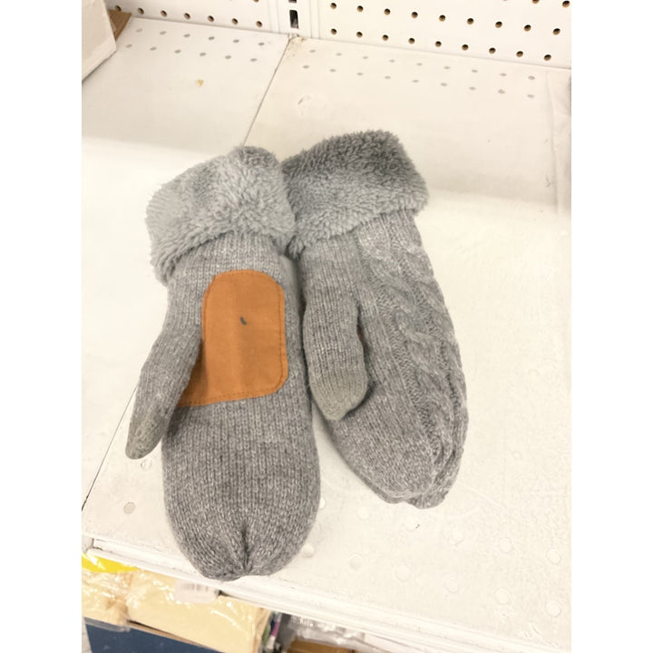 Fleece Lined Mittens, Leather Patch, Gray
