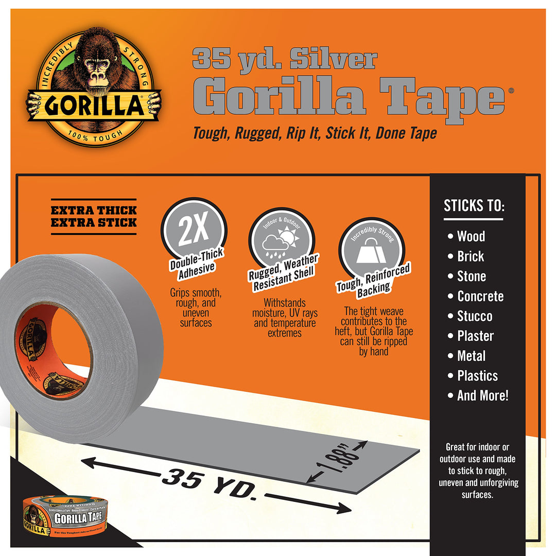 Gorilla Tape, Silver Duct Tape, 1.88" x 35 yd, Silver, (Pack of 6)
