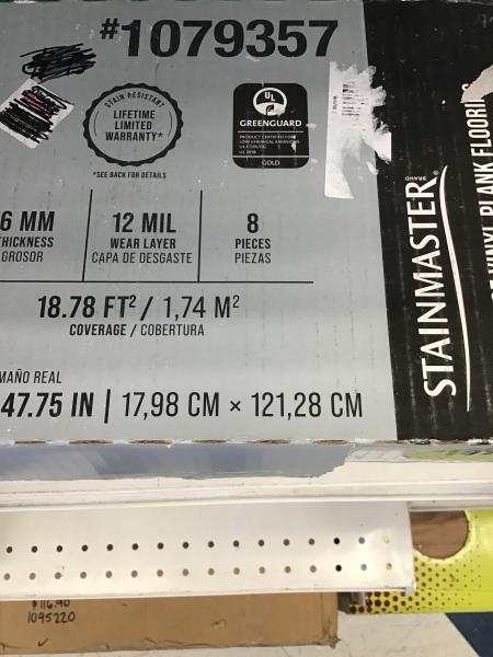 STAINMASTER Waterproof Vinyl Plank Flooring - 6mm Thickness, 12 MIL Wear Layer, 18.78 sq ft Coverage Retail $35.00