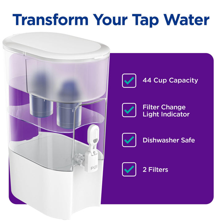 PUR XL 44-Cup Water Filter Dispenser with 2 Genuine PUR Filters, Largest Available, 44-Cup Capacity, 2-in-1 Powerful, Faster Filtration, Dishwasher Safe, (PDI4000Z)