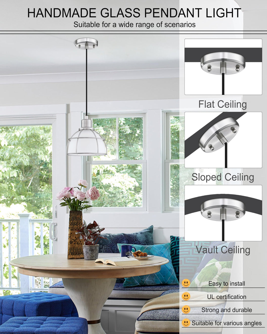 Industrial Hanging Drum Indoor Pendant Ceiling Light Kitchen Island Fixtures Brushed Nickel Finish,Metal Shade for Bar Dining Room Corridor Living Room (3 Pack, Frosted Glass)