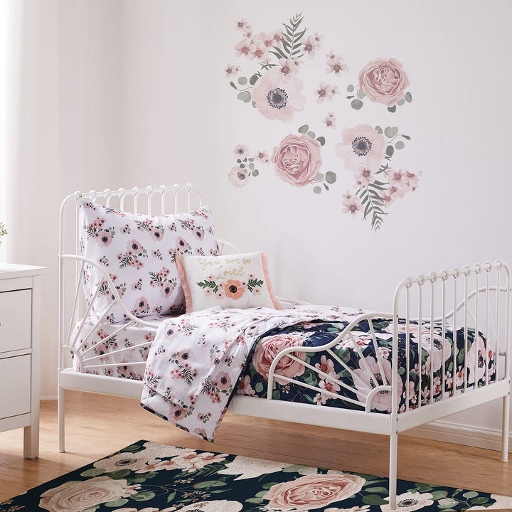 Levtex Baby - Fiori Toddler Bed Set - Black, Blush, Pink, White - Bold Floral - 5 Piece Set Includes Reversible Quilt, Fitted Sheet, Flat Sheet, Pillow Case, Decorative Pilow