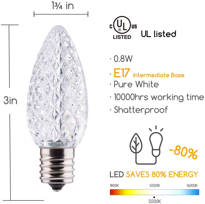 Minetom 50 Pack C9 Led Replacement Christmas Light Bulb, C9 Shatterproof Led Bulb for Christmas String Light, E17 Intermediate Base, Commercial Grade Dimmable Bulbs, 2 Diode (Led's), Cool White