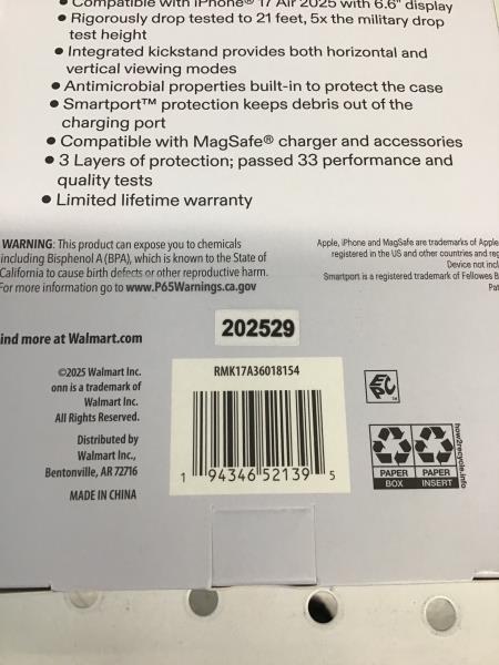 onn. 17 Air, 2025 iPhone Case - Rugged, Kickstand, MagSafe Compatible Retail $20.00