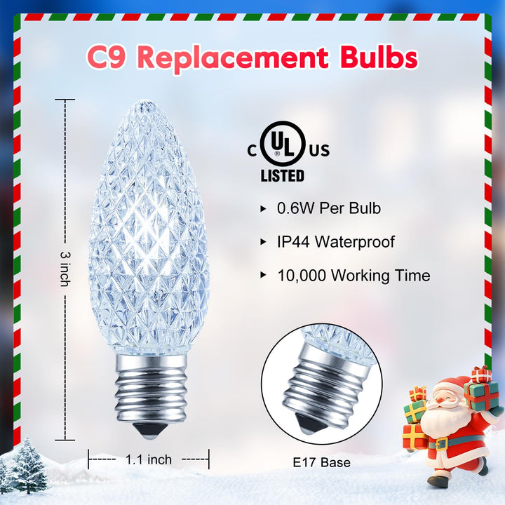 25 Pack C9 Led Replacement Christmas Light Bulb, C9 Shatterproof Led Bulb for Christmas String Light, E17 Intermediate Base, Commercial Grade Dimmable Bulbs, Cool White