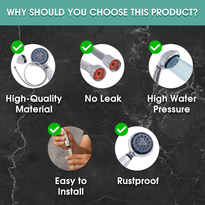Hobylife High Pressure 8 Functions Shower Head with Handheld - Powerful Detachable Shower Head Set for Low Water Pressure - Tool-less 1-Min Installation, Extra Long 60" Stainless Steel Hose (Chrome)