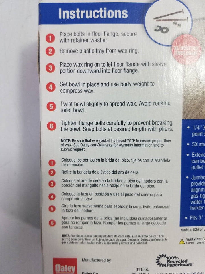 Oatey Jumbo Reinforced with Bolts Toilet Wax Ring