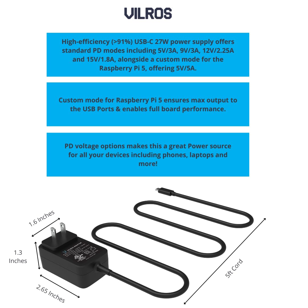 Vilros 27W -5V/5A USB-C Power Supply Compatible with Raspberry Pi 5 & Apple Devices with USB-C Charging Port (Black)