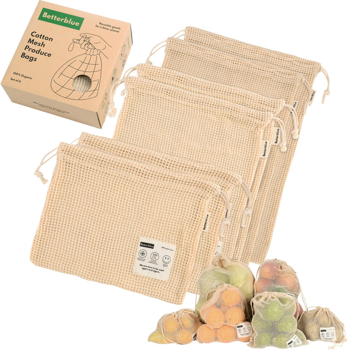 Betterblue 100% Organic Cotton Produce Bags, Reusable & Eco Friendly, Set of 6
