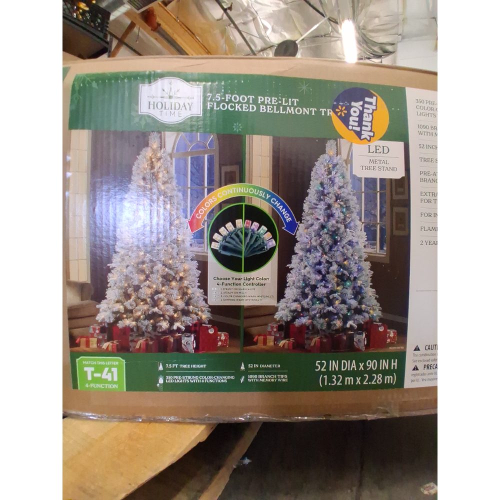Holiday Time 7.5-Foot Pre-Lit Flocked Bellmont Tree, Continuous Color Change Lights Retail $200.00