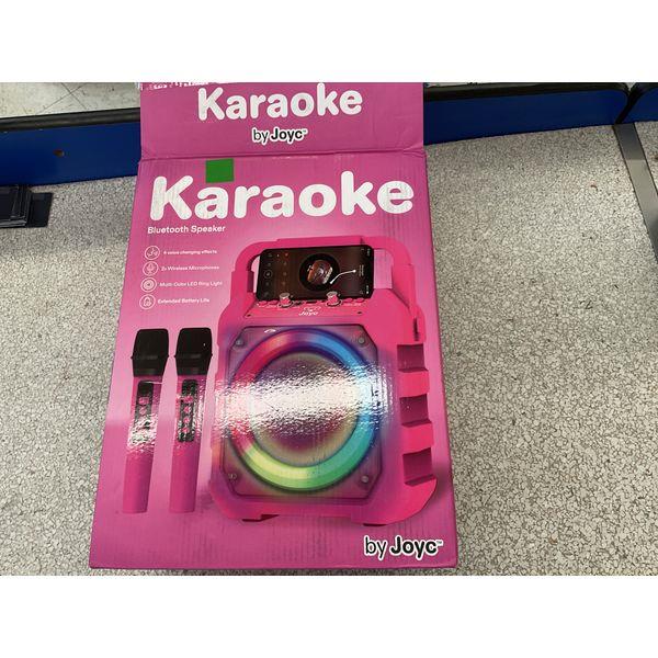 Joyc Karaoke Bluetooth Speaker - 6 Voice Changing Effects, 2 Wireless Microphones, Multi-Color LED Ring Light, Extended Battery Life - Pink Retail $39.98
