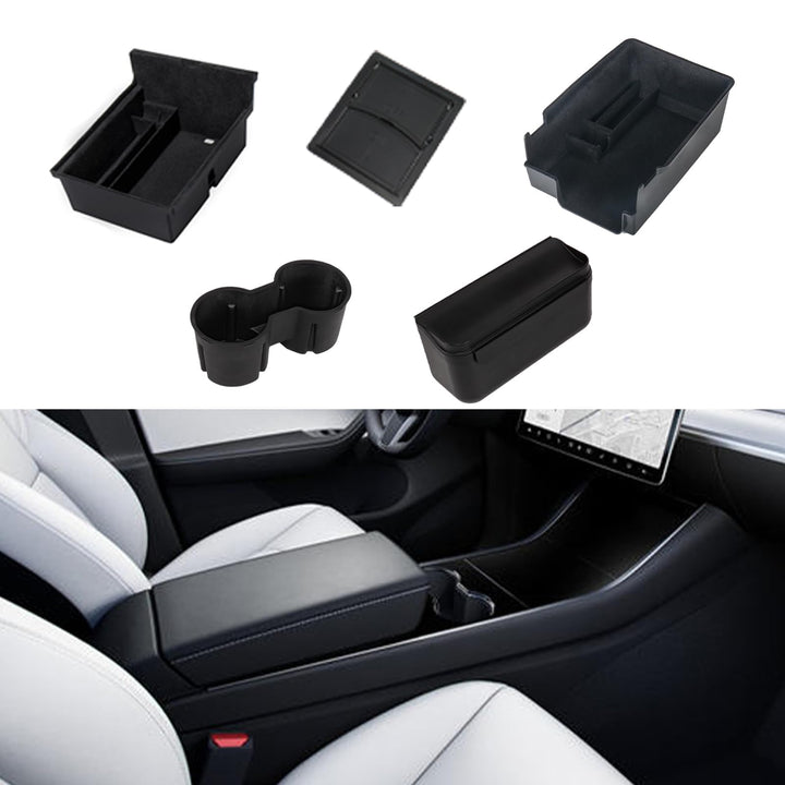 Carwiner 5 PCS Center Console Organizer Tray Compatible with 2021-2023 Tesla Model 3/Y, Cup Holder and Sunglass Holder, Flocked/Silica Rubber Armrest Hidden Cubby Drawer Storage Box Interior