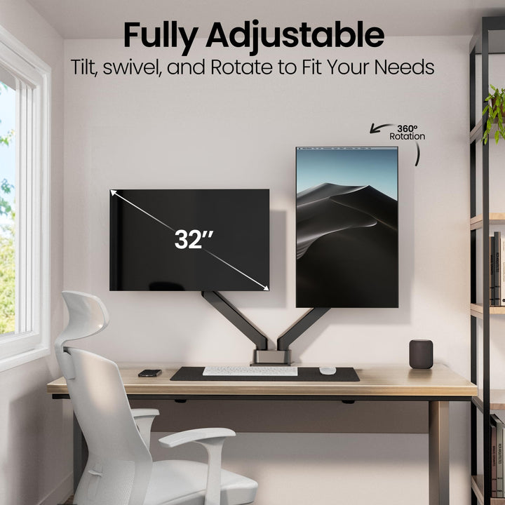 EVEO Premium Dual Monitor Mount 14"-32â€ Dual Monitor Arm VESA Bracket Adjustable Height Gas Spring Dual Monitor Stand, Screen Full Motion Dual Monitor Arm-Computer Monitor Stand for 2 Screens - Black