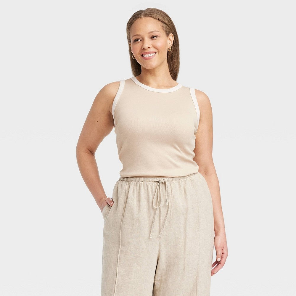 Women's Slim Fit Ribbed High Neck Tank Top - a New Day™ Tan/White XXL Retail $5.00