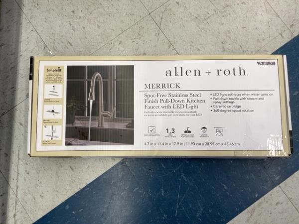 allen + roth MERRICK, Spot-Free Stainless Steel Finish Pull-Down Kitchen Faucet with LED Light, 360-degree Spout Rotation Retail $180.00